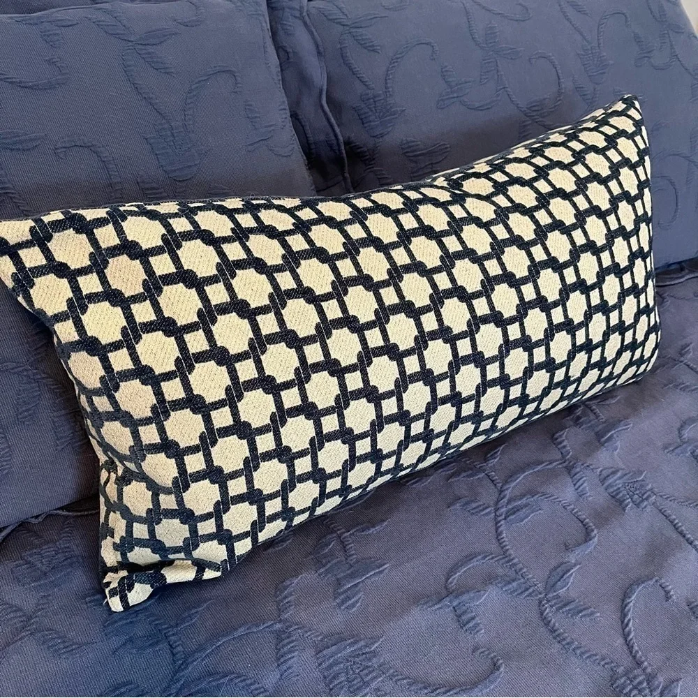 Blue and Tan Feather Bolster Accent Pillow Rectangle Geometric